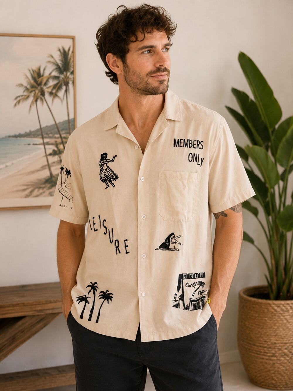 Duvin Design Co. Men's S Beige Tencel Linen Blend Graphic Vacation Button Up